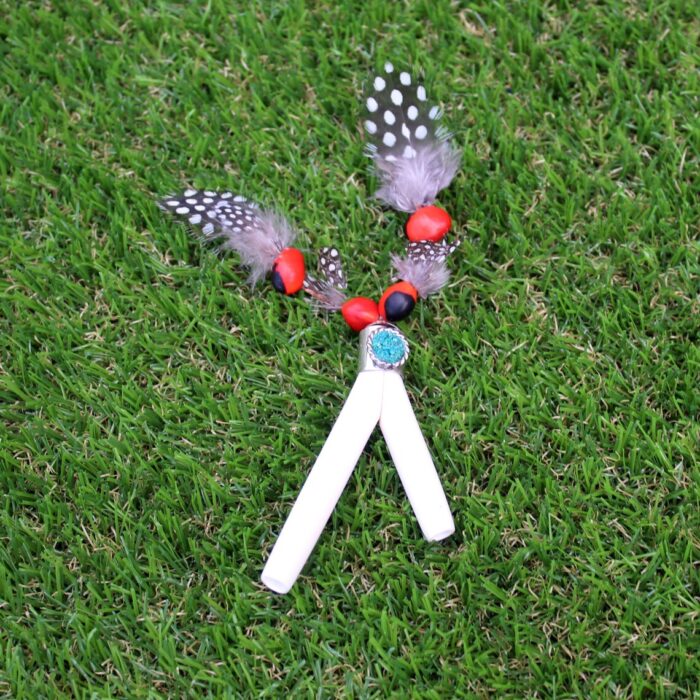 Bone Kuripe Self Applicator | Decorated with Peruvian Turquoise and Domestic Feather