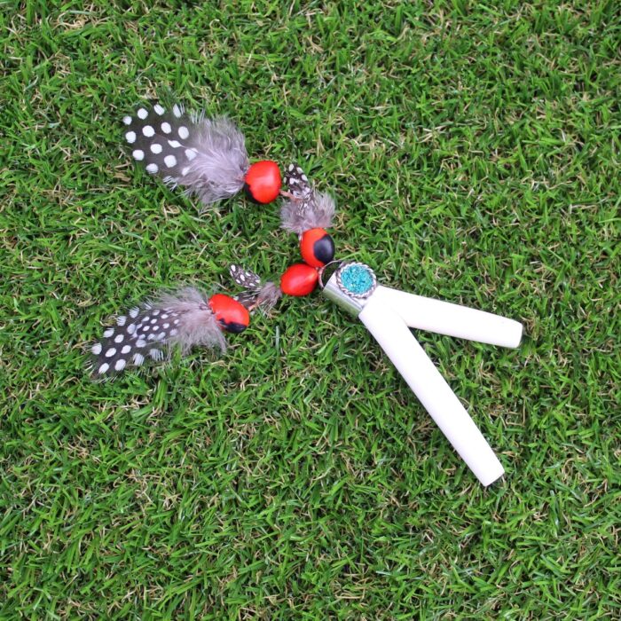 Bone Kuripe Self Applicator | Decorated with Peruvian Turquoise and Domestic Feather