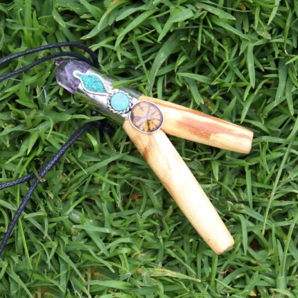 Necklace Kuripe Self Applicator | Made of Palo Santo | Decorated with a piece of Ayahuasca, Amethyst and Peruvian Turquoise