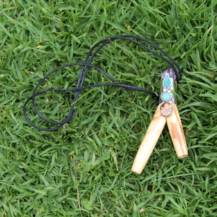 Palo Santo Necklace Kuripe Self Applicator Decorated with Amethyst, Aya Vine and Peruvian Turquoise Stone