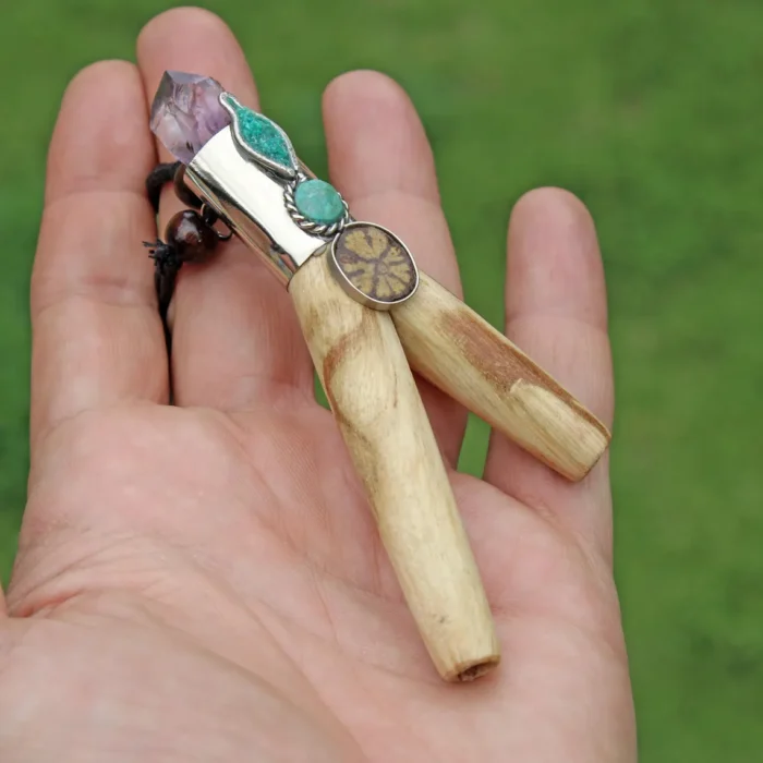 Palo Santo Necklace Kuripe Self Applicator Decorated with Amethyst, Aya Vine and Peruvian Turquoise Stone