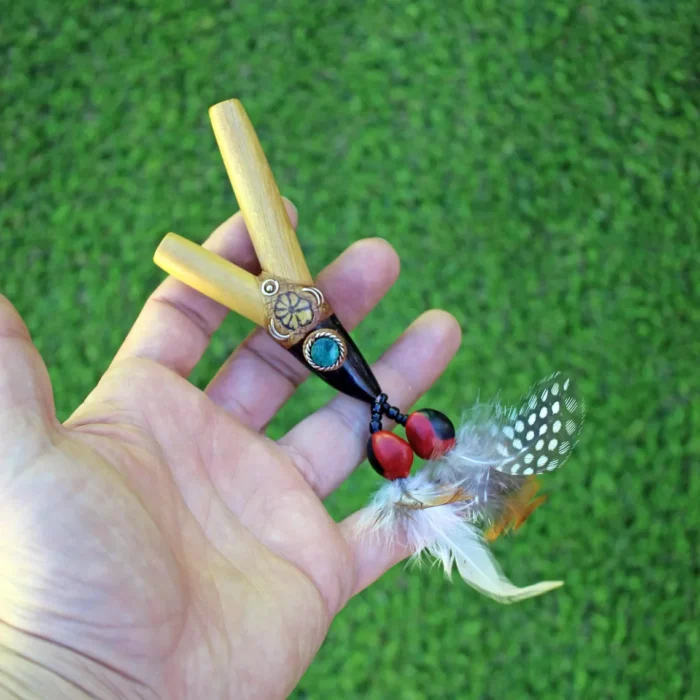 Kuripe Self Applicator | Made of Bobinsana | Decorated with Peruvian Turquoise, Aya Vine and Domestic Feather