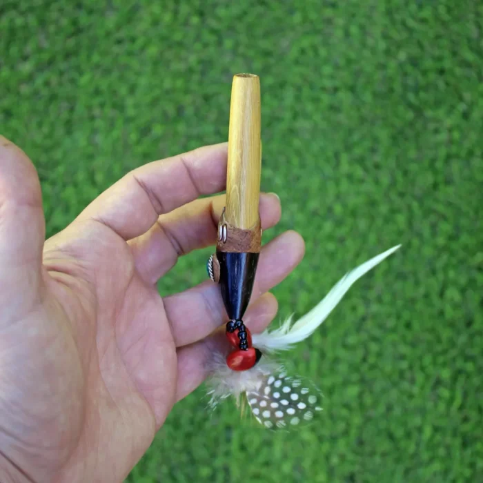 Kuripe Self Applicator | Made of Bobinsana | Decorated with Peruvian Turquoise, Aya Vine and Domestic Feather