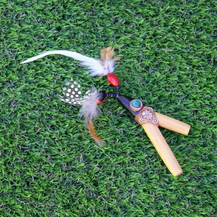 Kuripe Self Applicator | Made of Bobinsana | Decorated with Peruvian Turquoise, Aya Vine and Domestic Feather