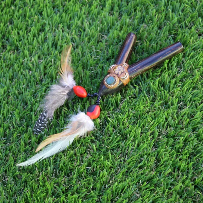 Chonta Kuripe Self Applicator | Made of Chonta | Decorated with Peruvian Turquoise, Aya Vine and Domestic Feather