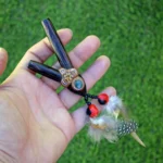 Chonta Kuripe Self Applicator | Made of Chonta | Decorated with Peruvian Turquoise, Aya Vine and Domestic Feather