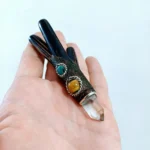 Double Nostril Kuripe ~ Kuripi Self Applicator | Made of Chonta Wood | Decorated Peruvian Turquoise, Tiger Eye and Clear Quartz
