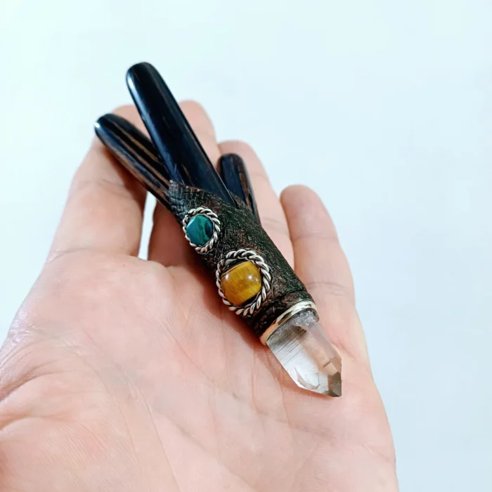 Double Nostril Kuripe ~ Kuripi Self Applicator | Made of Chonta Wood | Decorated Peruvian Turquoise, Tiger Eye and Clear Quartz