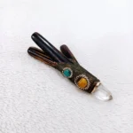 Double Nostril Kuripe ~ Kuripi Self Applicator | Made of Chonta Wood | Decorated Peruvian Turquoise, Tiger Eye and Clear Quartz
