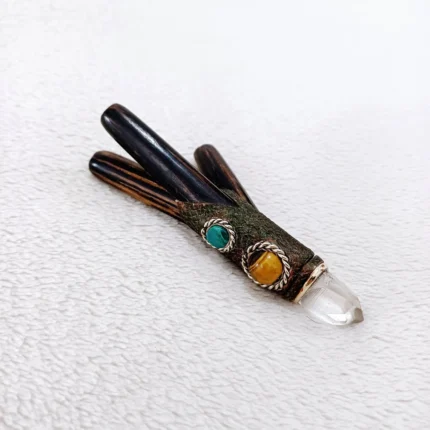 Double Nostril Kuripe ~ Kuripi Self Applicator | Made of Chonta Wood | Decorated Peruvian Turquoise, Tiger Eye and Clear Quartz