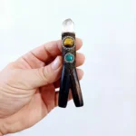 Double Nostril Kuripe ~ Kuripi Self Applicator | Made of Chonta Wood | Decorated Peruvian Turquoise, Tiger Eye and Clear Quartz
