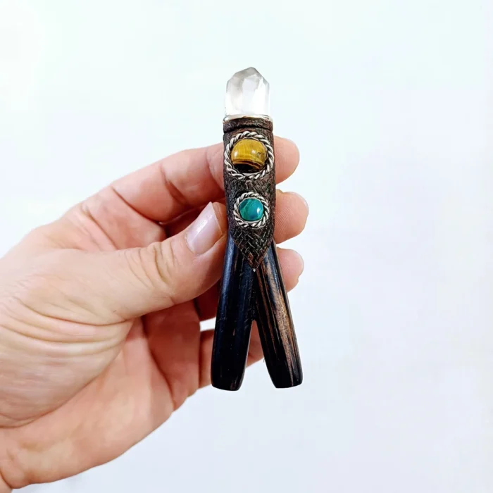 Double Nostril Kuripe ~ Kuripi Self Applicator | Made of Chonta Wood | Decorated Peruvian Turquoise, Tiger Eye and Clear Quartz