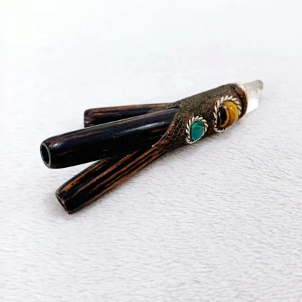 Double Nostril Kuripe ~ Kuripi Self Applicator | Made of Chonta Wood | Decorated Peruvian Turquoise, Tiger Eye and Clear Quartz