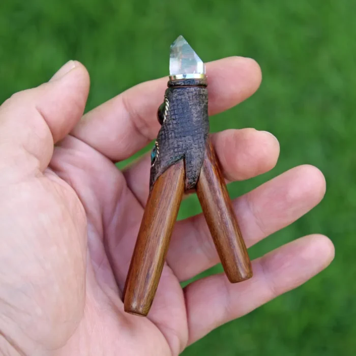 Double Nostril Kuripe Self Applicator | Made of Madera Negra | Decorated Peruvian Turquoise, Tiger Eye and Clear Quartz