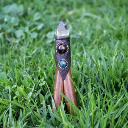 Double Nostril Kuripe Self Applicator | Made of Madera Negra | Decorated Peruvian Turquoise, Tiger Eye and Clear Quartz