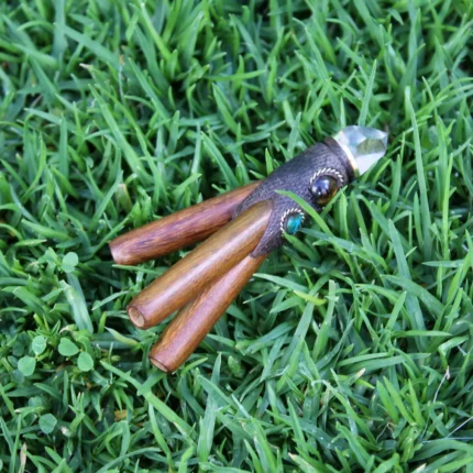 Double Nostril Kuripe Self Applicator | Made of Madera Negra | Decorated Peruvian Turquoise, Tiger Eye and Clear Quartz