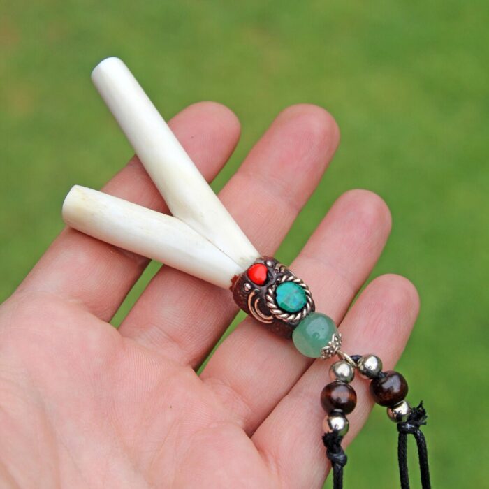 Necklace Kuripe Self Applicator | Made of Llama Bone | Decorated with Green Jade and Peruvian Turquoise