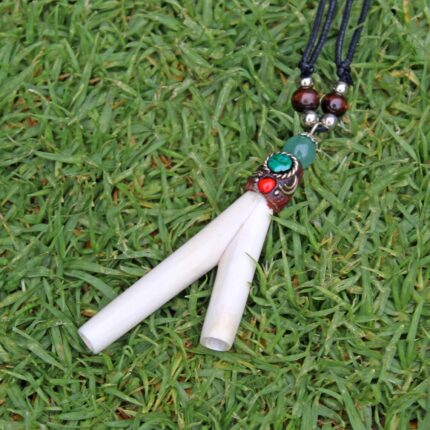 Necklace Kuripe Self Applicator | Made of Llama Bone | Decorated with Green Jade and Peruvian Turquoise