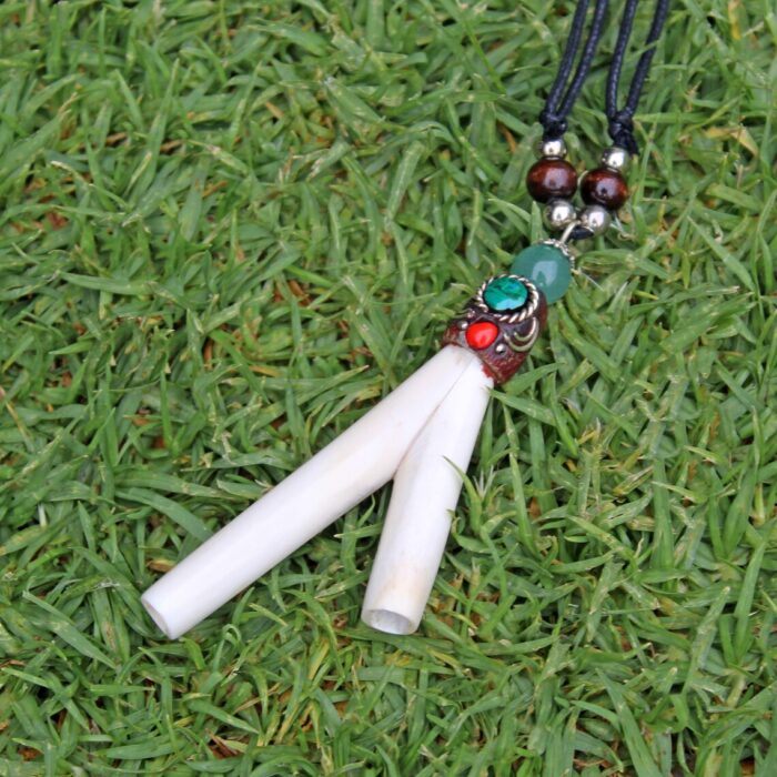 Necklace Kuripe Self Applicator | Made of Llama Bone | Decorated with Green Jade and Peruvian Turquoise
