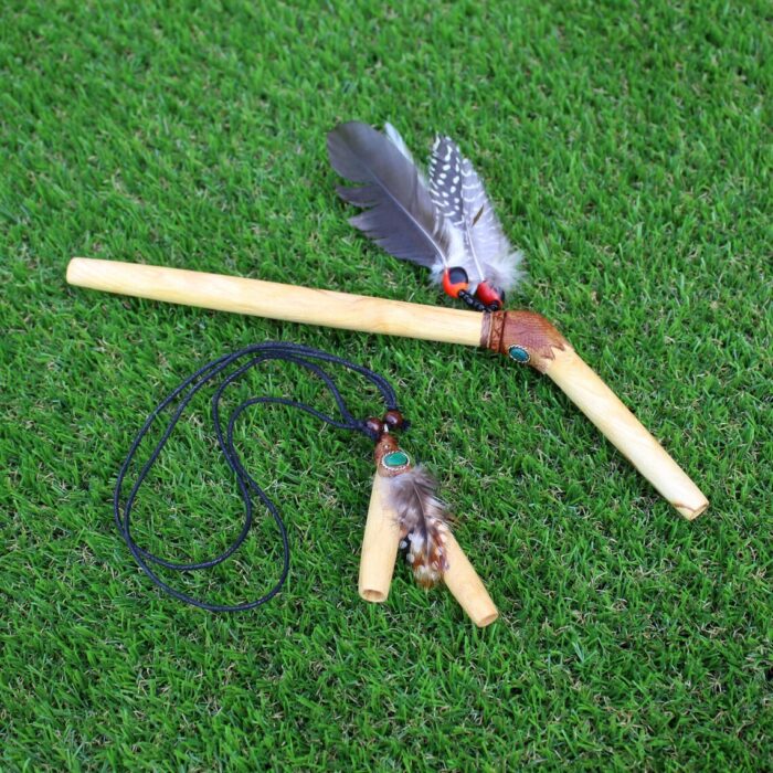 Palo Santo Kuripe Tepi Set | Necklace Kuripe | Made of Palo Santo | Decorated with Aya Vine, Domestic Feather and Peruvian Turquoise