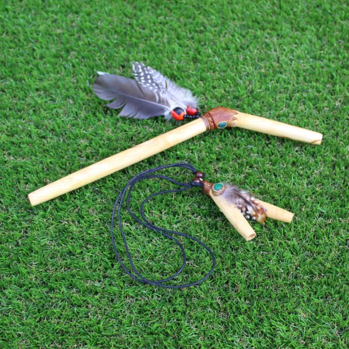 Palo Santo Kuripe Tepi Set | Necklace Kuripe | Made of Palo Santo | Decorated with Aya Vine, Domestic Feather and Peruvian Turquoise