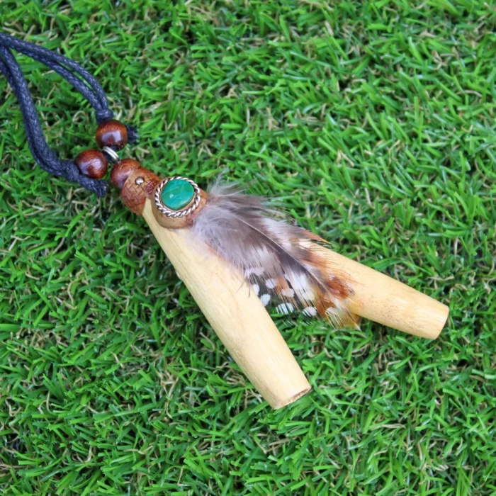 Palo Santo Necklace Kuripe Self Applicator | Decorated with Peruvian Turquoise, Domestic Feather and A piece of Aya Vine