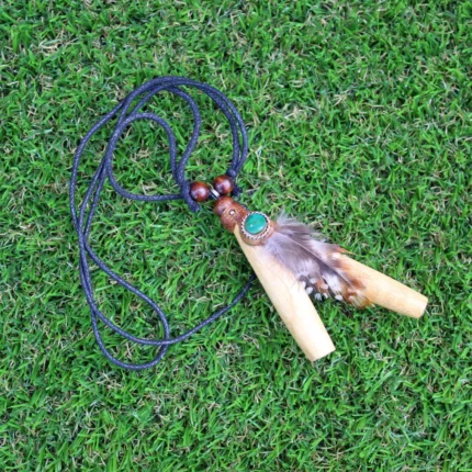 Palo Santo Necklace Kuripe Self Applicator | Decorated with Peruvian Turquoise, Domestic Feather and A piece of Aya Vine