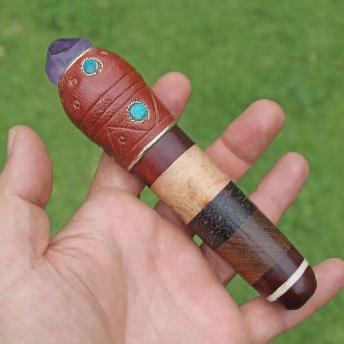 Unique Hapeh Bottle | Made of Palo Sangre, Palo Santo, Chonta Wood, Madera Negra, Peruvian Turquoise and Ametyst