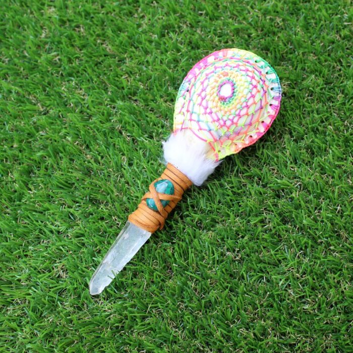 Colorful Embroidered Shamanic Rattle | Clear Quartz Handle, Decoration Peruvian Turquoise