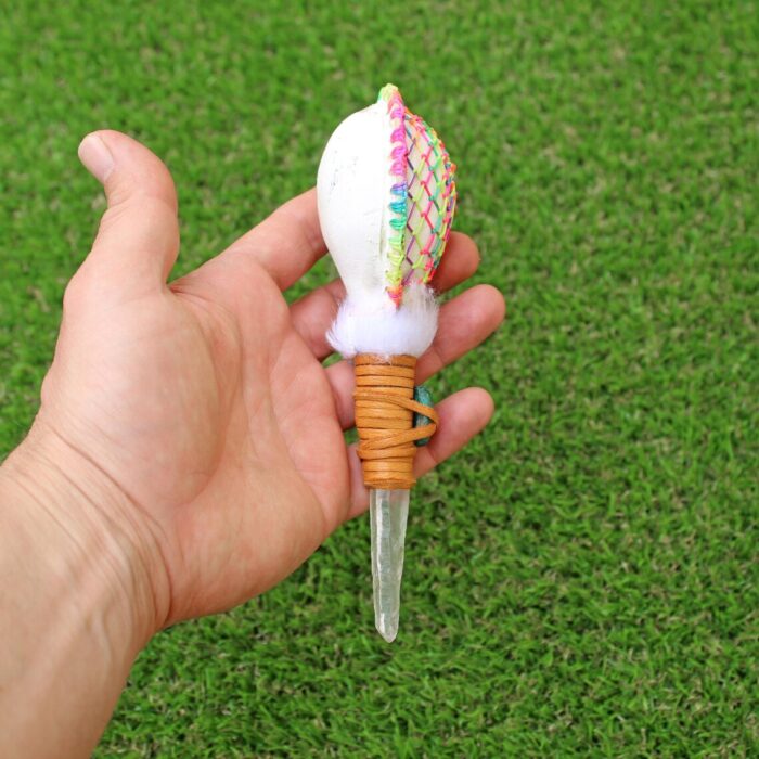 Colorful Embroidered Shamanic Rattle | Clear Quartz Handle, Decoration Peruvian Turquoise