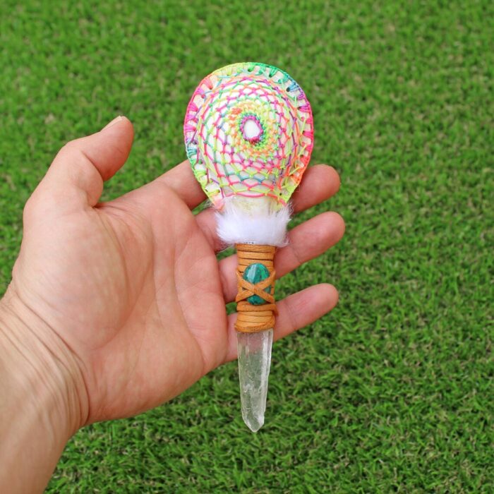 Colorful Embroidered Shamanic Rattle | Clear Quartz Handle, Decoration Peruvian Turquoise